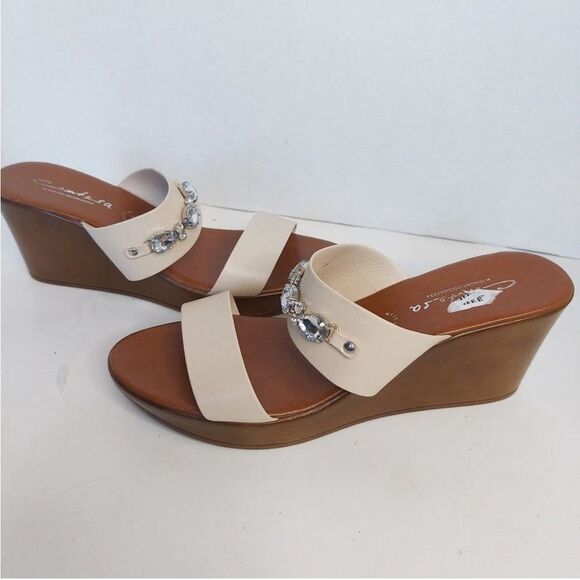 CONTESSA by ITALIAN SHOEMAKERS Ivory Bling Embellished Wedge Sandals Leather - Picture 3 of 6